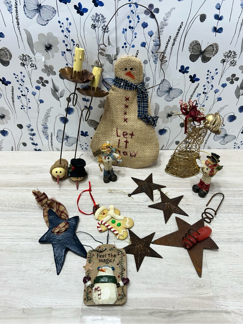 Mixed Christmas Decor Lot Snowmen Stars Ornaments Primitive Rustic